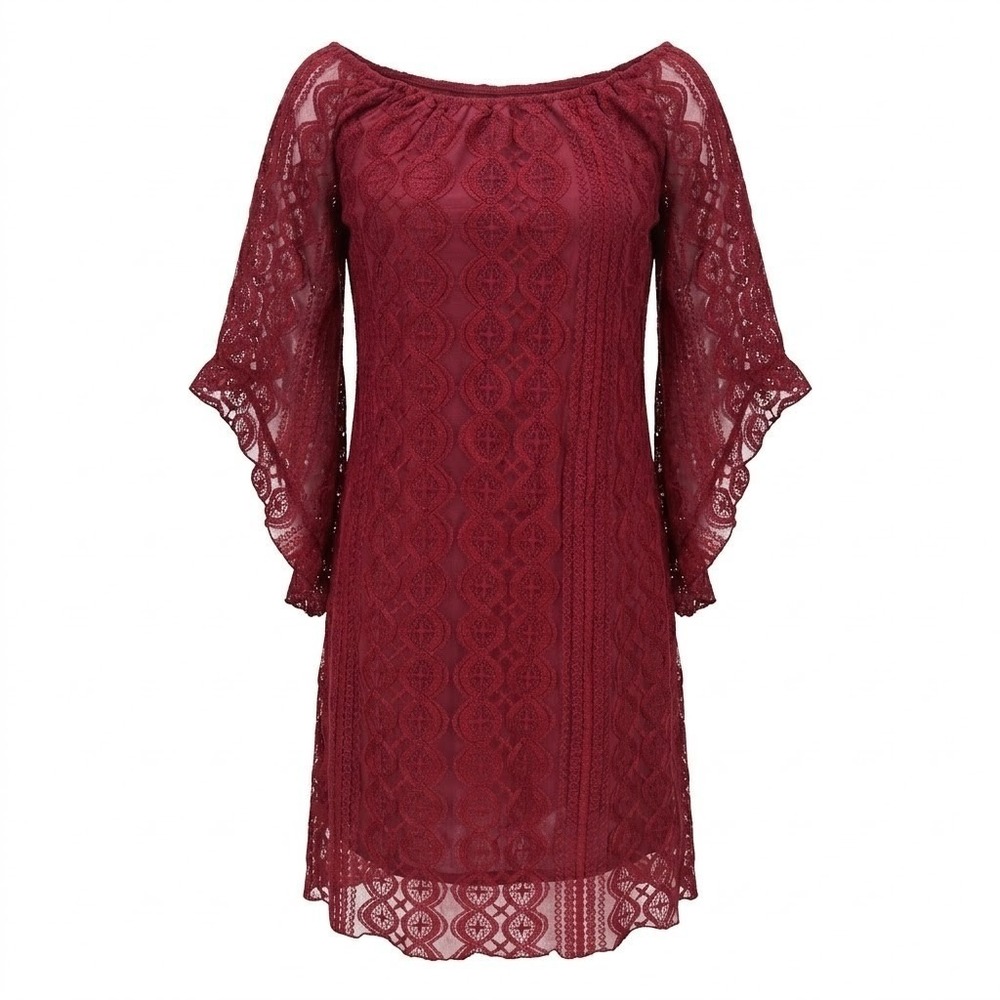 NEW Altar'd State LARGE Burgundy Lace Bell Sleeve Shift Dress - AC - Picture 1 of 11